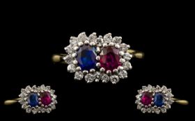 18ct Two Tone Gold Ruby Blue Sapphire and Diamond Set Dress Ring of pleasing design.