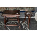 Reproduction Oak Joint Stool of typical shape, on four turned legs, with a three leg carved top