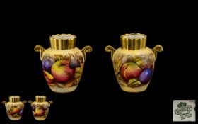 Aynsley Handpainted Small Two Handle Vases - fruits still life, 'Apples and Berries.' Signed N.