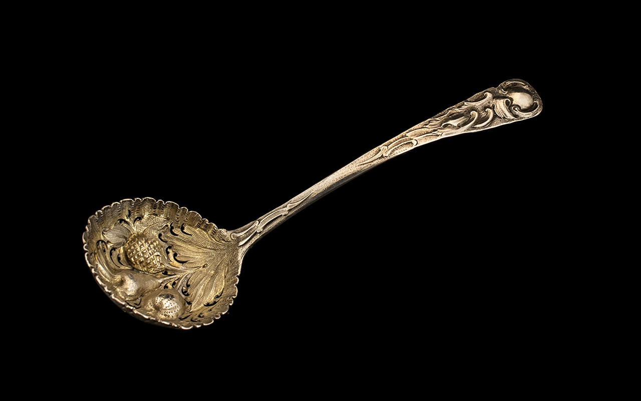 Early Georgian Antique Silver Embossed Berry Spoon (38 grams), full marked. 6.5" in length.