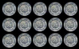 Staffordshire Antique Light Blue Glazed Transferware Plates printed with a romantic pattern. Set