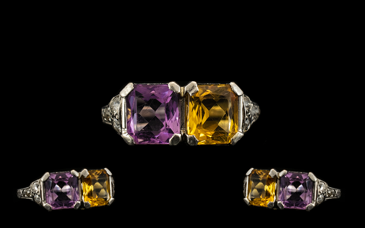 Platinum & Iridium Rare Deluxe Two Stone Amethyst & Citrine Set Dress Ring with diamond shoulders.