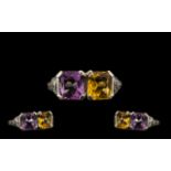 Platinum & Iridium Rare Deluxe Two Stone Amethyst & Citrine Set Dress Ring with diamond shoulders.