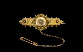 9ct Gold Late Victorian Pressed Bar Brooch Set With A Central Diamond Chip,