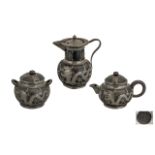 Chinese - Shanghai ( Black ) Pottery Three Piece Tea Set, Pewter Mounted with a Dragon Design Coiled