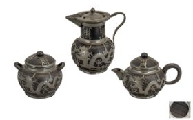 Chinese - Shanghai ( Black ) Pottery Three Piece Tea Set, Pewter Mounted with a Dragon Design Coiled