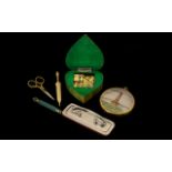 Collection of Vintage Items to include vintage set of miniature dominoes in heart shaped wooden box;