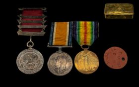 First World War Medals with tag, and fire brigade medal and ribbon. Name J.W. Kirkham Manch.