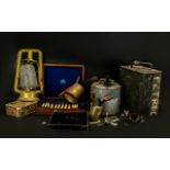 Box of Assorted Vintage Metalware including large petrol can; Aladdin Pink Paraffin Can;