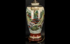 Oriental Style Table Lamp with porcelain base, depicting scenes of houses and rivers. Raised on a