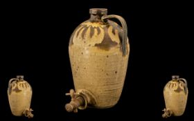 Art Pottery Large Cider Barrel, Unusual West Country Flagon, with running treacle type glaze with