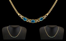 14ct Gold Attractive Blue Topaz and Diamond Set Ladies Necklace - marked 585 - 14ct.