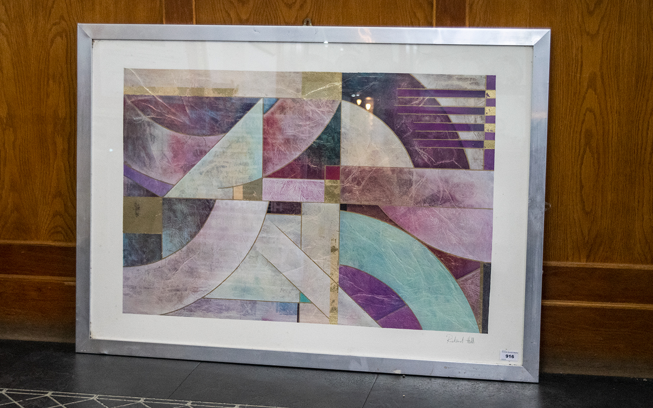 Richard Hall Listed Modern Abstract Large Print. Cubistic designs, highlighted in gold. Pencil