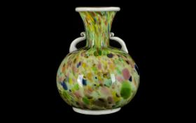 Murano 1960's Twin Handle Global Shaped Multi Coloured Glass Vase - with white borders and handles.