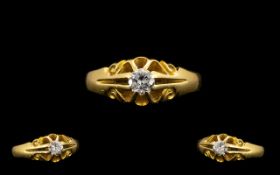 18 ct Gold Attractive Single Stone Diamond Ring Gypsy Setting - The round brilliant cut Diamond of