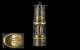 Brass Miner's Lamp Cremer Lamp No. 11, brass plaques to front, No. 8 in small brass plaque.