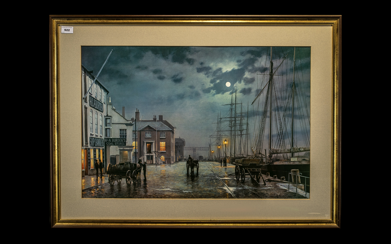 Rodney Charman Large Coloured Print 'Dockland Scene'. Framed mounted and glazed behind glass.