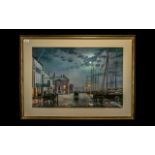 Rodney Charman Large Coloured Print 'Dockland Scene'. Framed mounted and glazed behind glass.