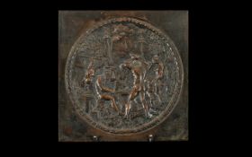 Antique Bronze Plaque Depicting Naked Classical Metal Workers, Forgers, Around The Furnace.