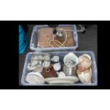 Two Boxes of Assorted Pottery and Collectables to include Corgi dogs, weights, silver plated ware,