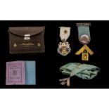 Masonic Apron with Sash - with medal attached, and Masonic Books in briefcase,