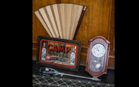 Collection of Household Items comprising a mahogany wall clock with a key, measuring approx 18" x 9.