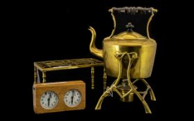 Antique Brass Tea Kettle on Stand with burner and a brass trivet with fret work top and a chess