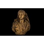 Antique Italian Carved Wooden Bust Depicting A Veiled Classical Maiden,Traces Of Gilt Decoration,