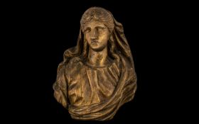 Antique Italian Carved Wooden Bust Depicting A Veiled Classical Maiden,Traces Of Gilt Decoration,