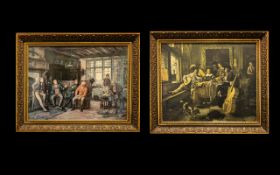 Pair of Art Prints In Gilt Frames, Depicting a Tavern Scene. Size 24 x 29 Inches.