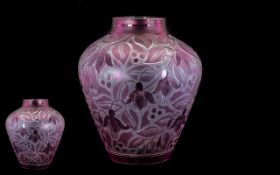 Art Deco Style Acid Cameo Cut Amethyst Glass Vase, cut into the body with a floral design.