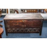 Early Oak Plank Top Coffer of Good Patination - carved to the block front with initials M.R.