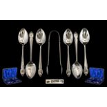 Edwardian Period Boxed Set of Six Silver Teaspoons with Matching Sugar Tongs.