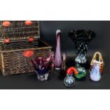 Basket of Coloured Glassware comprising: large vase in purple and pink;