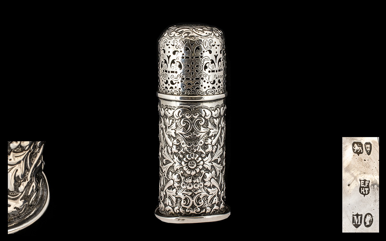 Mid Victorian Gentleman's Sterling Silver Pounce Pot Sander - with ornate pierced and embossed