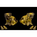 Pair Of Antique Ceramic Pug Dogs Unmarked, Golden Tan/Brown Body, Height 6 Inches Length 8 Inches