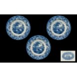 Three Staffordshire Antique Transfer printed Blue Pottery Soup Dishes, with the Eton College