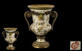 Ormolu Mounted Pottery Urn Shaped Vase, Decorated to the Body with Flowers, Crest Marks to the Base.