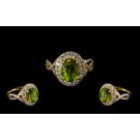 Peridot Halo Ring, a solitaire peridot of 4cts, a good carat weight for a single peridot,
