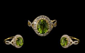 Peridot Halo Ring, a solitaire peridot of 4cts, a good carat weight for a single peridot,