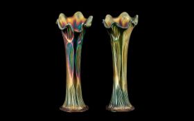 Pair of Favrile Colour Carnival Glass Fluted Vases by Fentons, with shaped tops. 12'' tall. Circa