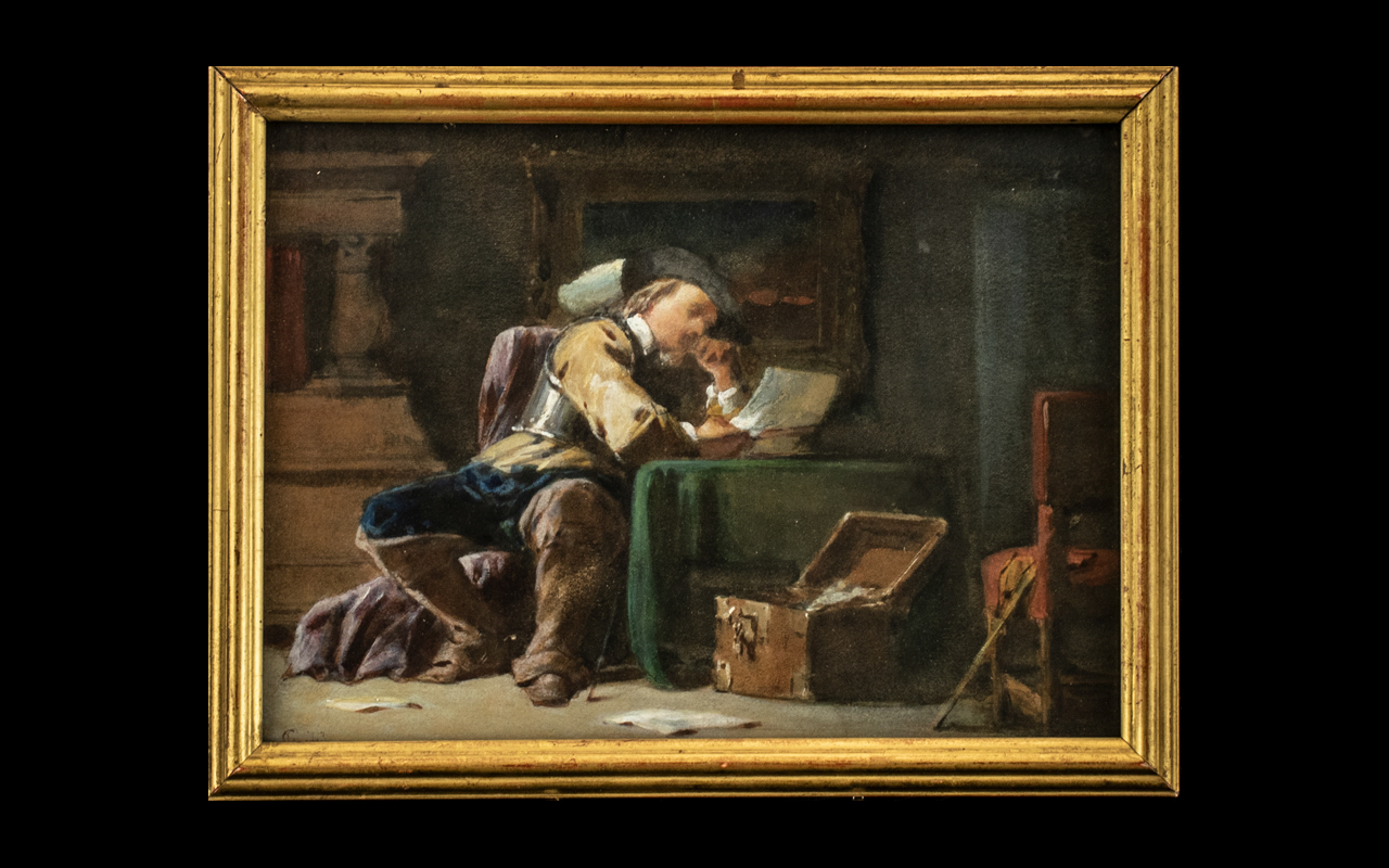 George Cattermole Watercolour Drawing of a Caveliere reading documents in his quarters.