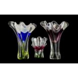 Set of Three Mid Century Swedish Design Coloured Glass Vases of fine colour, with shaped tops.