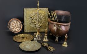 Collection of Brass & Copper Items to include: four brass bells; a brass plaque;