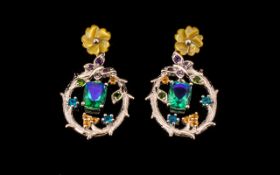 Peacock Quartz, Neon Apatite, Fire Opal, Amethyst and Russian Diopside Drop Earrings,