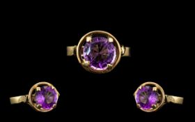 9ct Gold Attractive and Nice Quality Single Stone Amethyst Set Ring - the faceted amethyst of purple