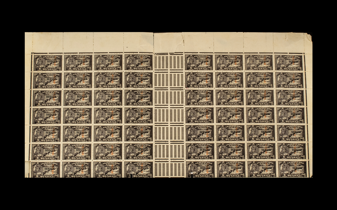 Stamp Interest - Rare India Feudatory States Travancore Cochin Rare Full Sheet of 112 unused all