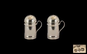 Pair Of Silver Miniature Pepper Pots Of Plain Form, Pierced Cover/Lids, Scroll Handle,