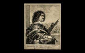 Antique Print of a Man Leaning on a Chair - with musical instrument,