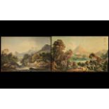 Watercolour Drawings. Two antique English drawings on paper depicting river landscapes with figures.